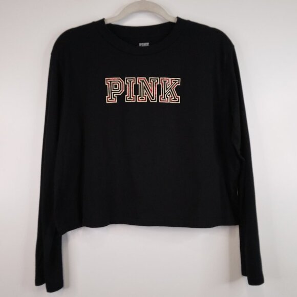 Victoria Secret PINK Cropped Long Sleeve Black Tee Size L - Picture 1 of 5